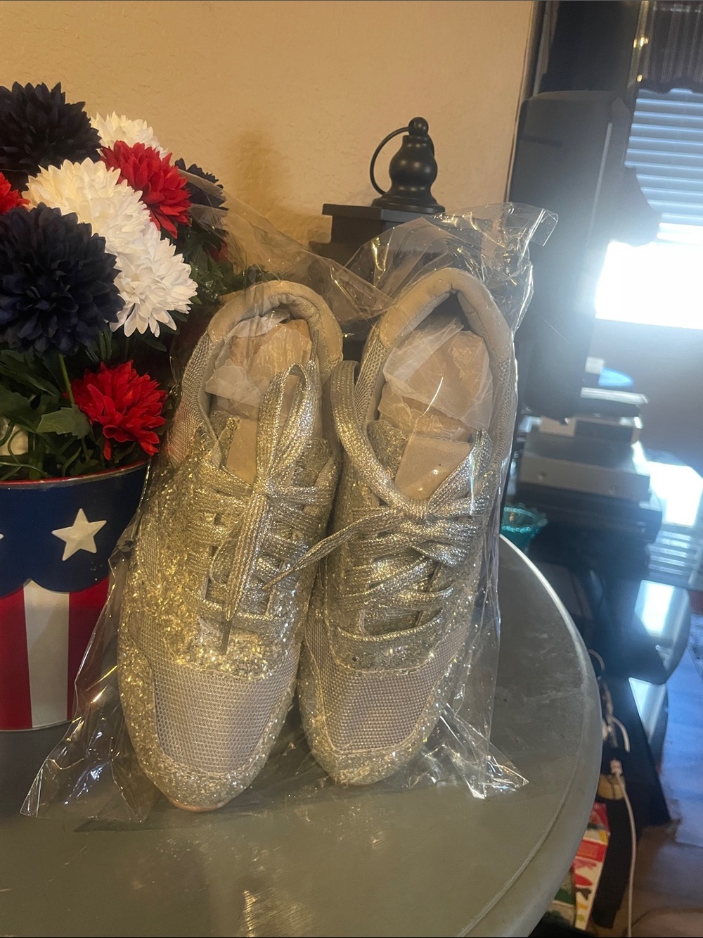 Silver blingy shoes. 👟